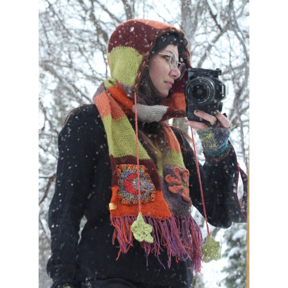 LONG Hooded Scarf- 100% Wool- Whimsical Crochet Details